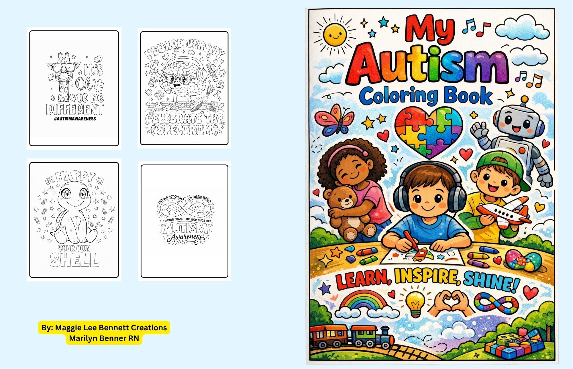 My Autism Coloring Book: Learn, Inspire, Shine! by Marilyn Benner RN - cover and sample pages